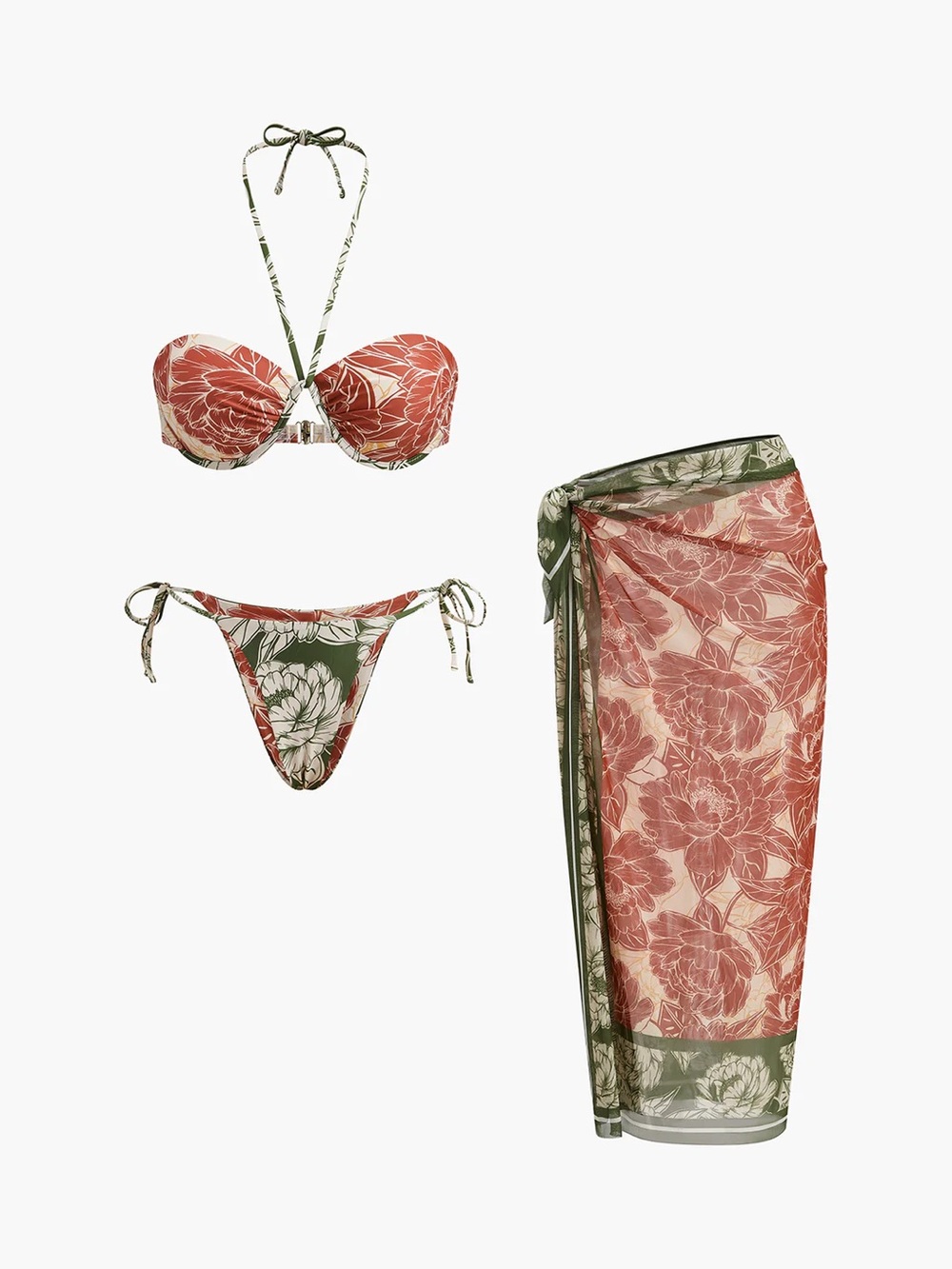 Commense Floral Green and Terracotta Bikini Set with Sarong